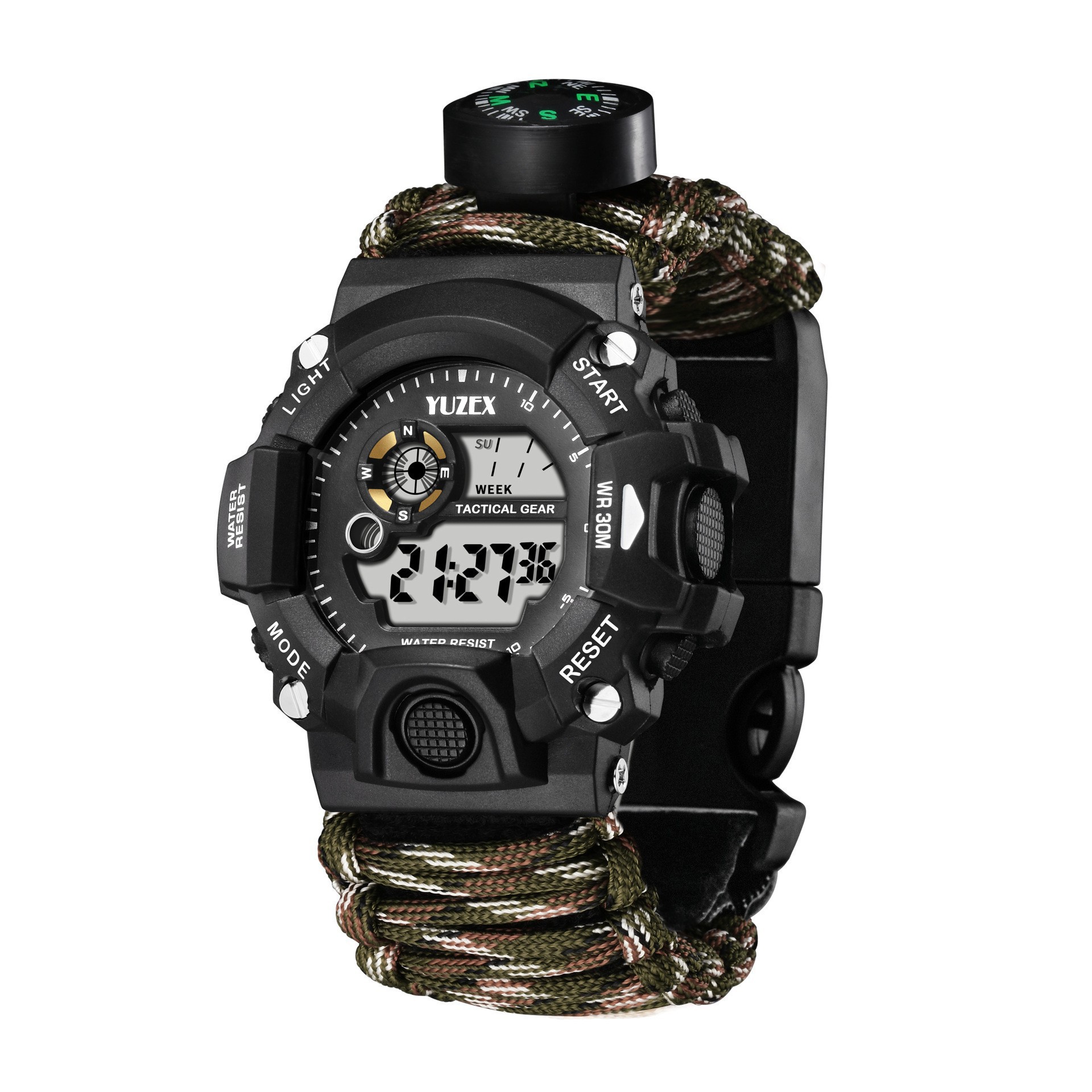 Cross-Border Hot Selling Multifunctional Outdoor Survival Paracord Watch Compass Watch Night Vision Flint Watch