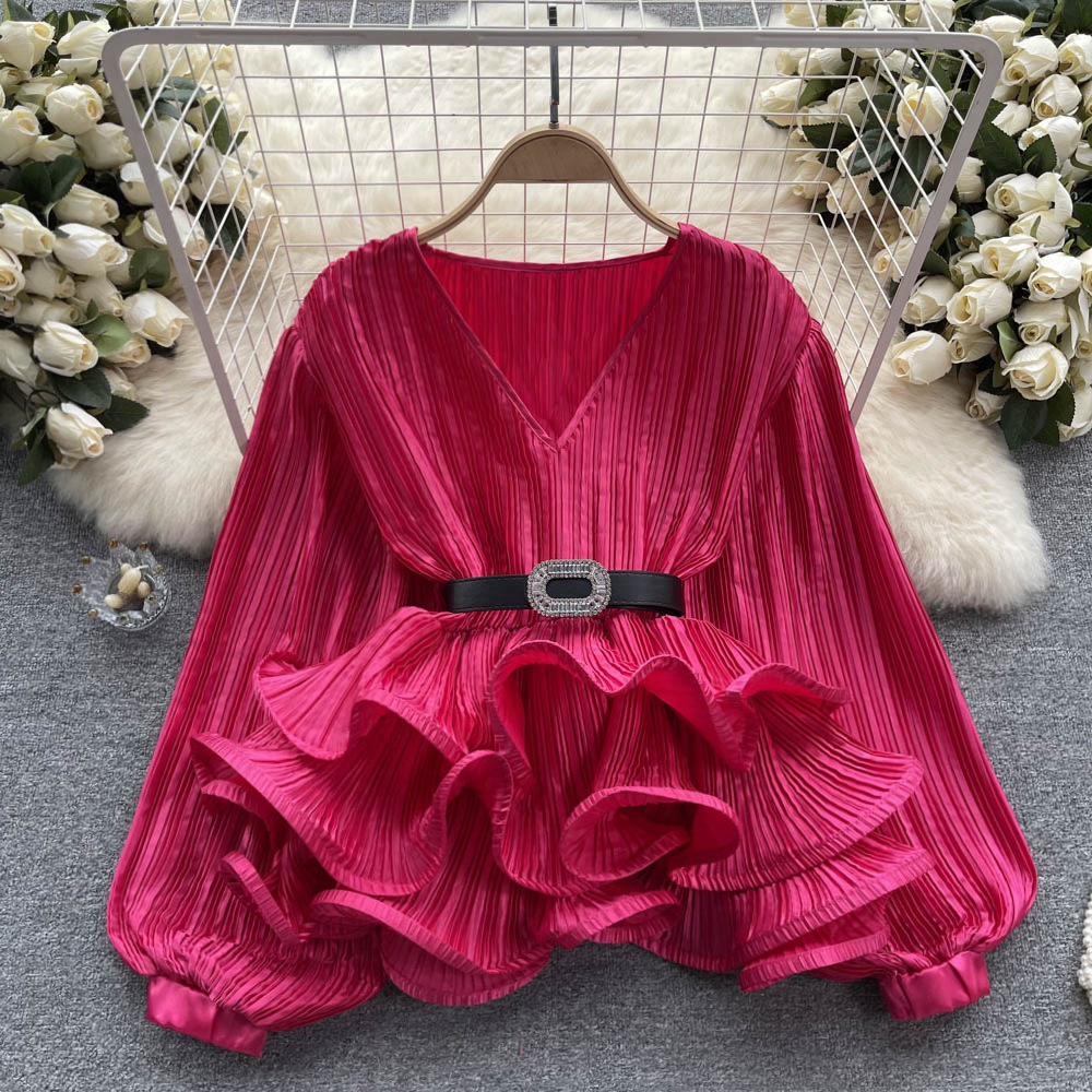 Socialite Satin Pleated Long-sleeved Elegant Loose Top Women's Ruffled Lantern Sleeve Niche Design V-neck Shirt