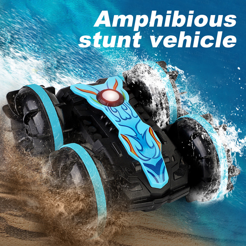 Cross-Border New Double-Sided Stunt Remote Control Amphibious Water-Land Model Car with Rolling and Rotating Beach Toys