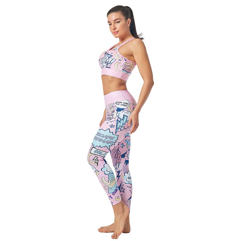 Hot Selling Cartoon Pattern Yoga Pants Letter Suit European and American New Sports Fitness Clothing Printed Yoga Clothing Suit