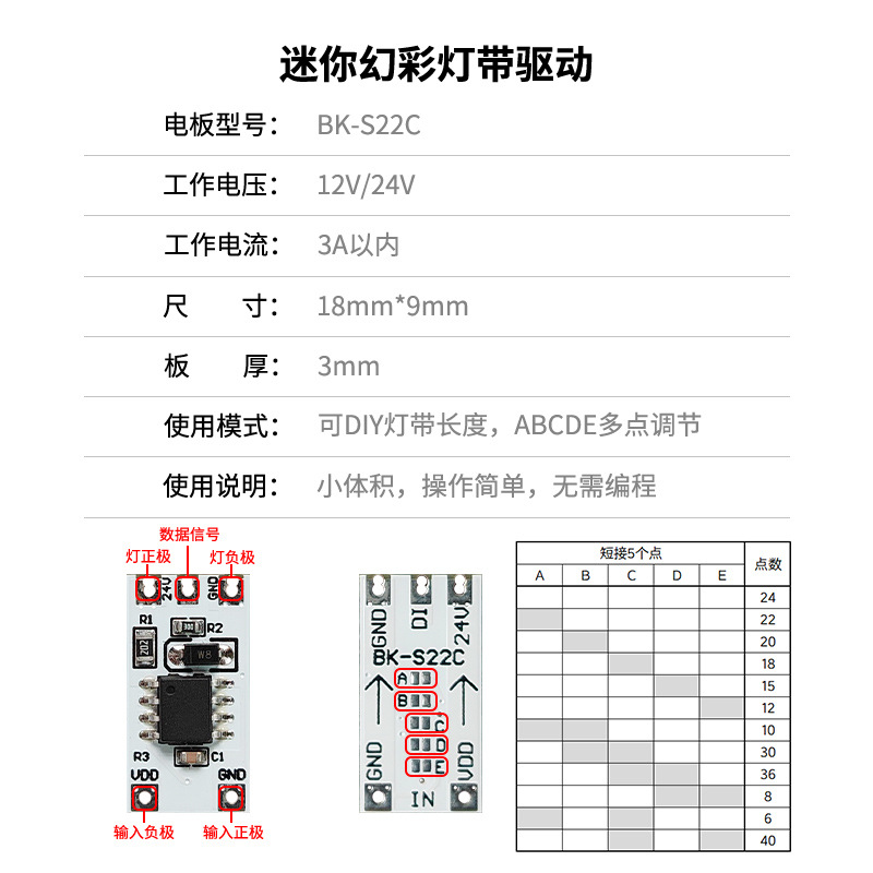 Bocon Bk-S22C Modified Colorful Led Running Water Light Strip Universal 12V24V Full-Color Atmosphere Light Driver
