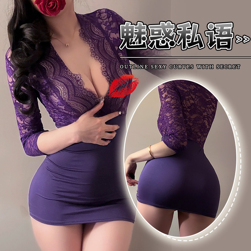 Пурпурное привлекательное нижнее белье больших размеров, сексуальное европейское и американское платье с глубоким V-образным вырезом и прозрачным кружевом, соблазнительная юбка-секретарша
