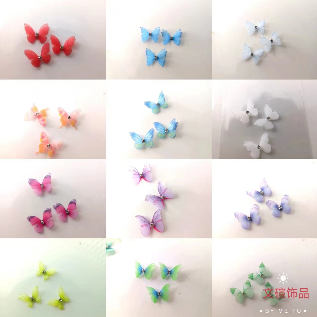 2cm 100 Double-layer Butterfly with Diamond Double-layer Stereo Tulle Mesh Butterfly diy Nail Art Face Beauty Decoration.