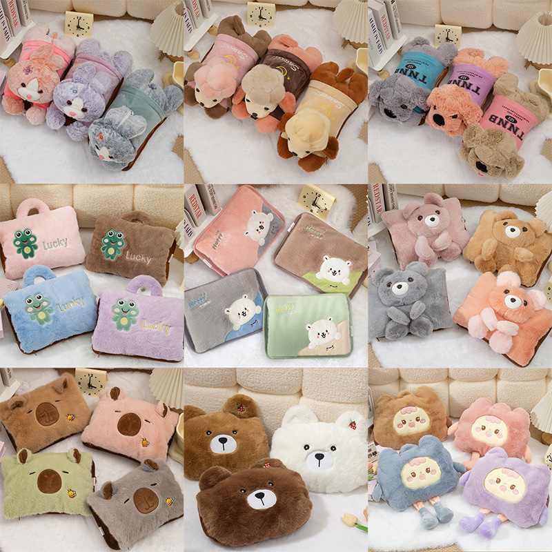 Оптовая продажа новой перезаряжаемой грелки для воды в виде мультяшного персонажа с молнией, съемной и washable, плюшевая грелка для рук