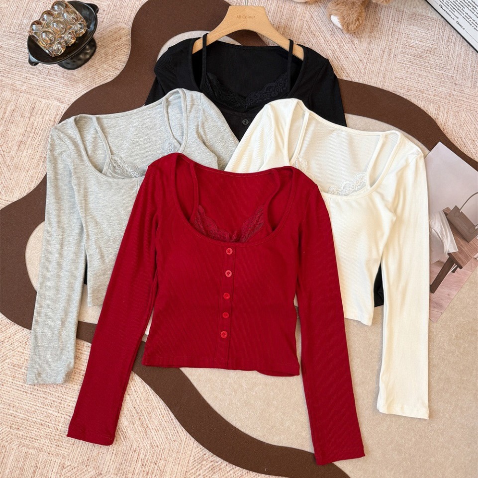 5153 # Pure Desire Hot Girl Lace Patchwork Fake Two-Piece Long Sleeve T-Shirt Autumn Slim Fit Inner Short Base Shirt Top