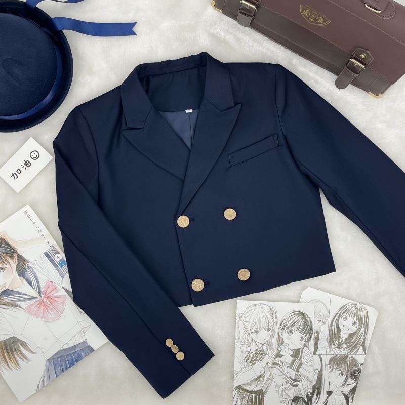 Original Cyan Short Double-Breasted Blazer Japanese School Style Autumn and Winter Jk Uniform Slim Fit Small Suit Jacket