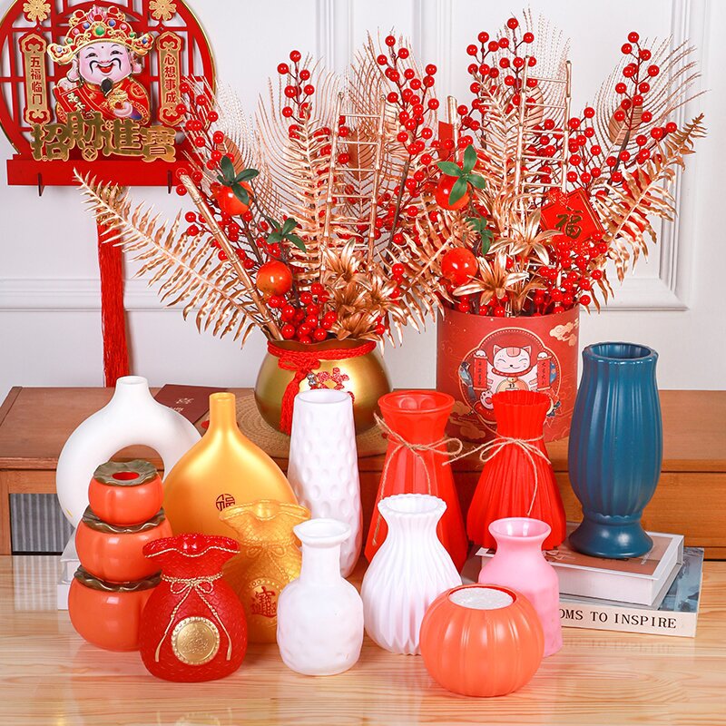 Имитированная керамическая пластиковая ваза Shishi Ruyi, устойчивая к падению, искусственные цветы, новогодний горшок, красный фруктовый мешок, высушенные цветы для свадьбы