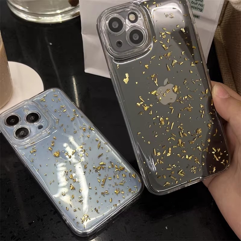 Epoxy Transparent Gold Foil Suitable for Apple 17Promax Mobile Phone Case Iphone16Pro Protective Cover 15/14 Anti-Fall