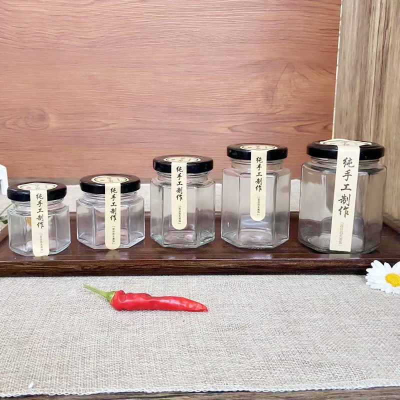 Wholesale six-edge honey glass bottle pickles beef sauce canned bottle chili sauce glass jar pickles bottle with lid
