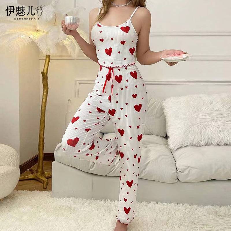 2024 Europe and the United States cross-border hot-selling home clothing pit strip love camisole pajamas women can wear pants suit