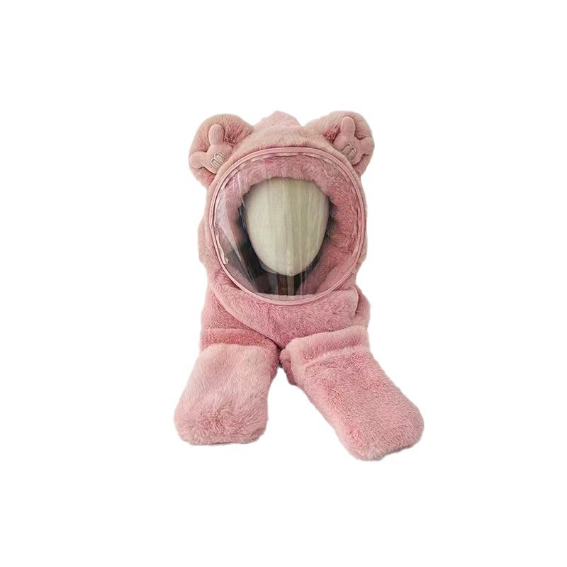 Baby Hat Winter Riding Warm Fluffy Hat Boys' and Children's Protective Mask Children's Scarf Gloves Integrated Cap Windproof