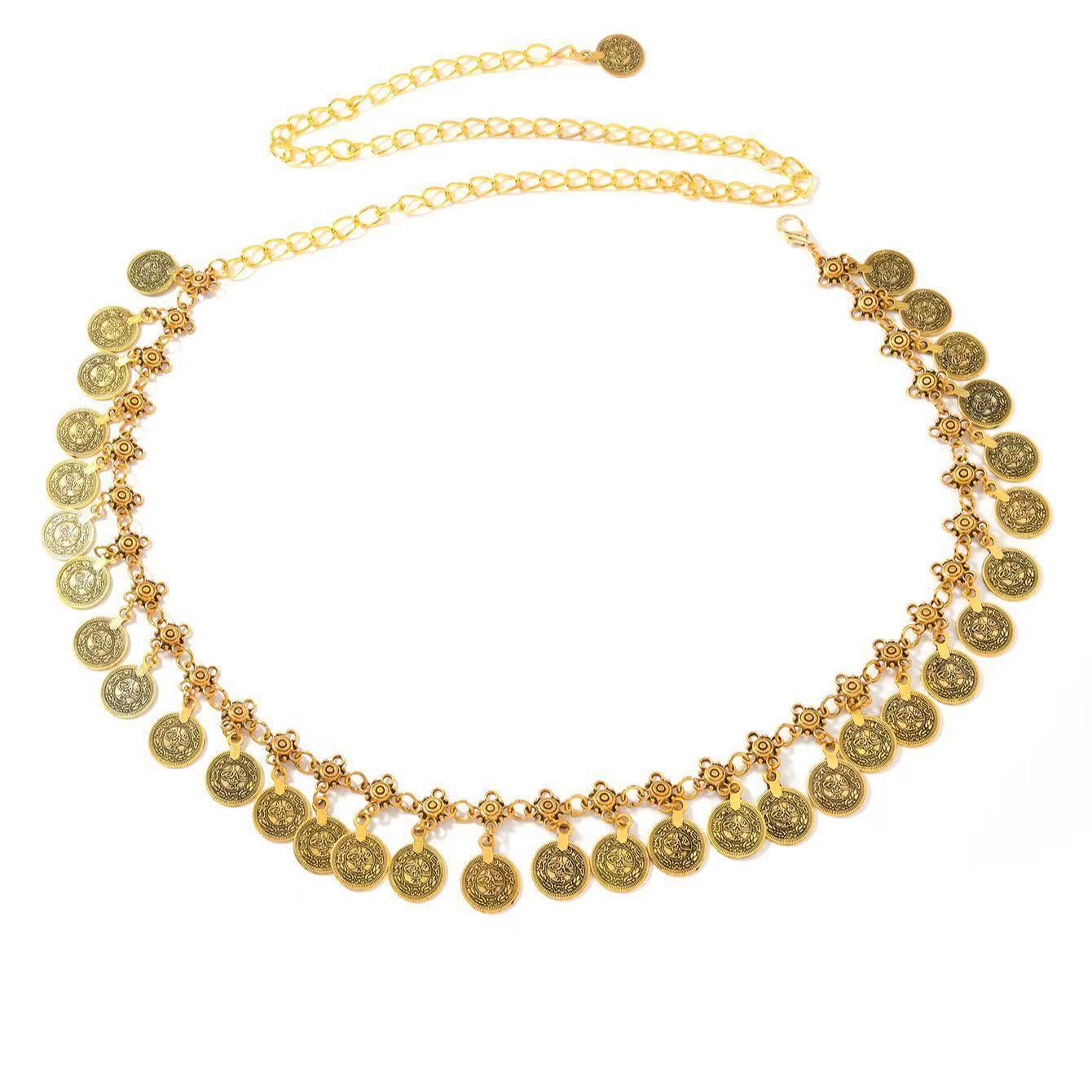 New Retro Ethnic Style Metal Pendant Ancient Coin Belt Bohemian Tassel Dress Accessories Waist Chain for Women