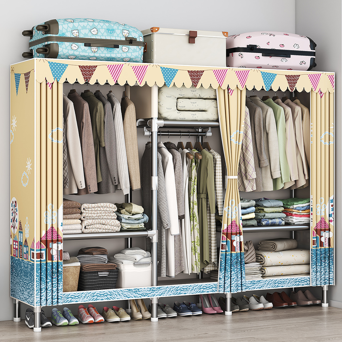 Сборный шкаф для арендуемого жилья, для хранения одежды, стальной каркас, простой, из оксфордской ткани