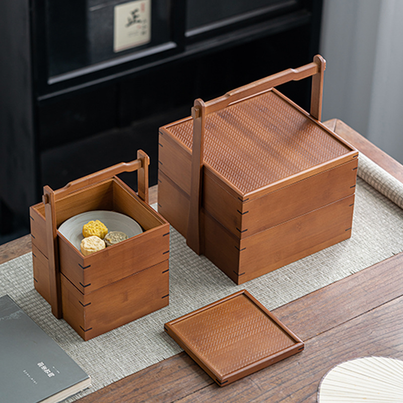 Retro Double-layer Snack Storage Box Chinese Tea Box Bamboo Outdoor Carrying Box Gift Multi-layer Food Box Tea Ceremony Accessories