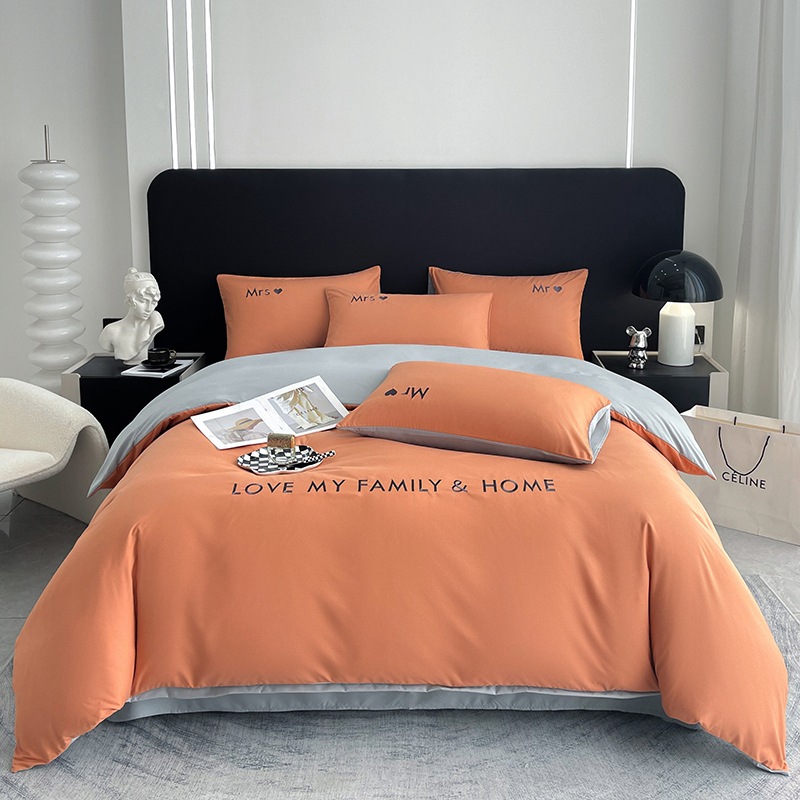 Home Textile Solid Color Four-Piece Set, Pure Cotton Embroidery, High-End Bedding Three or Four-Piece Set, 4-Piece Set Wholesale