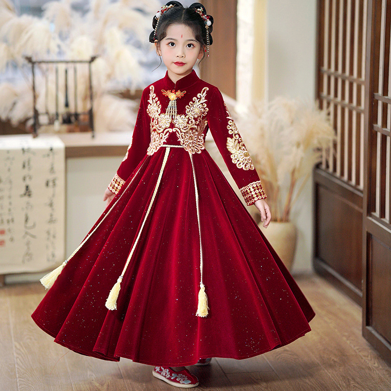Платье в древнем стиле для девочек на Новый год, зимнее платье с вышивкой и пайетками, китайский стиль танг для детей