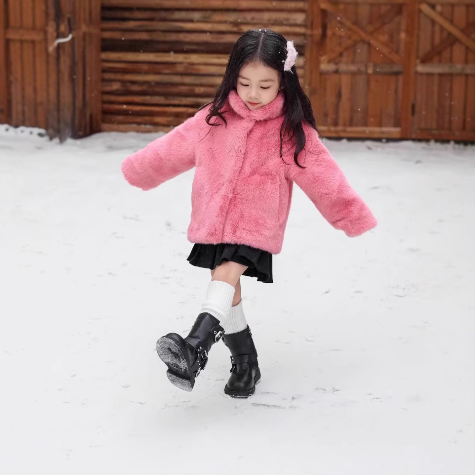Детский зимний комбинезон из искусственного меха с воротником-стойкой, толстая короткая куртка из экодружественного бархата