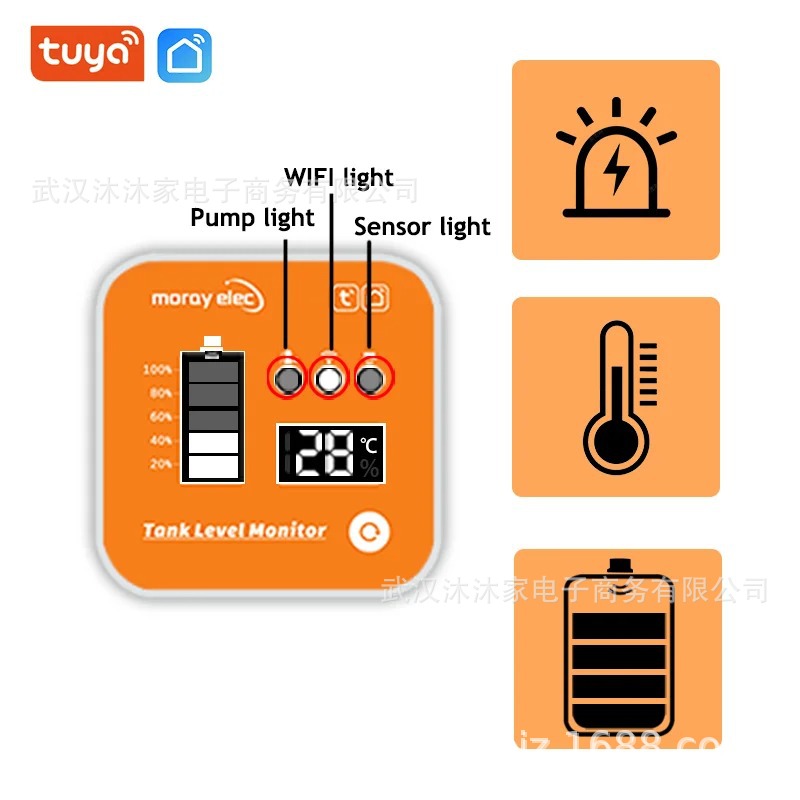 涂鸦WiFi远程超声液位液位水箱监测器带LED显示器和太阳能充电板