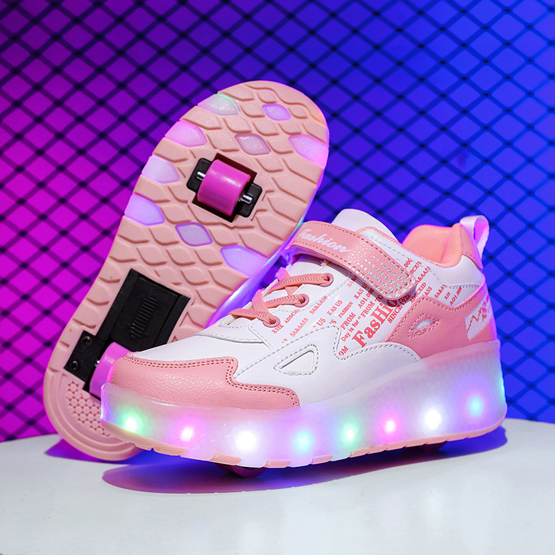 Кросс-бордерные детские роликовые обуви с двойными колесами, светящиеся кроссовки для подростков