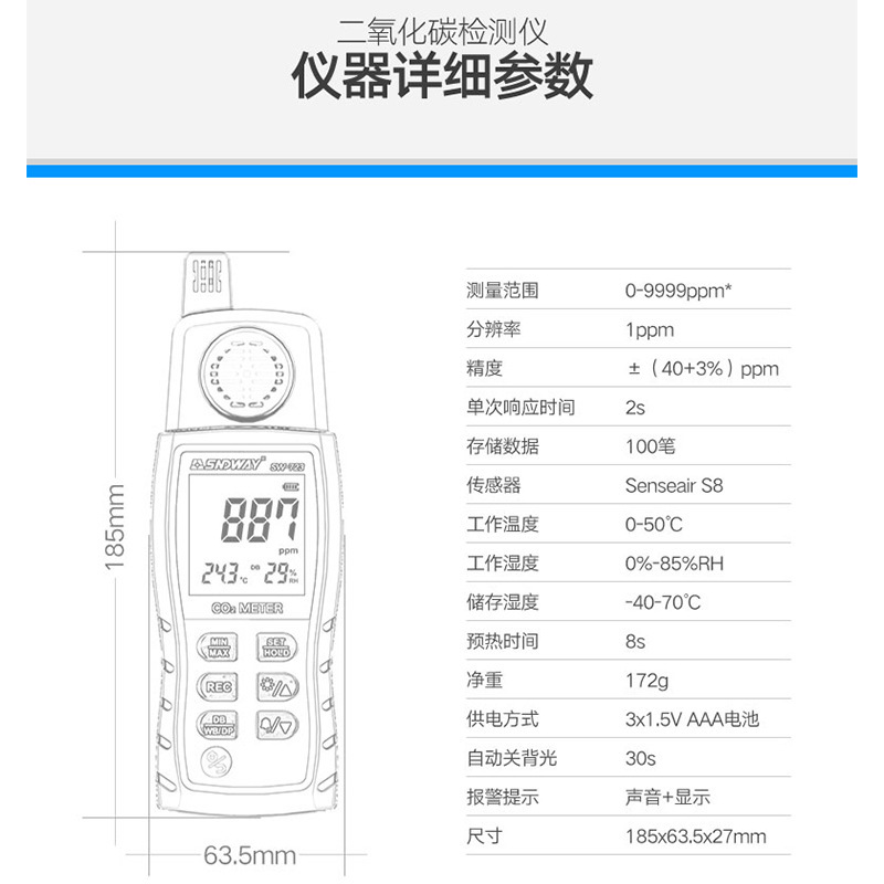 Shendawei Sw-723 Carbon Dioxide Detector Co2 Gas Concentration Tester Alarm Industrial Breeding