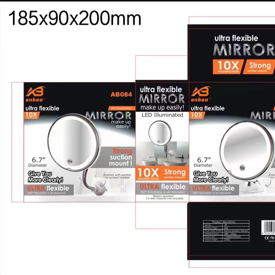 Makeup Mirror with Led Light, 10X Magnification, USB Rechargeable, Three-Color Upgrade, Suction Cup Type, Cross-Border Foldable Beauty Mirror