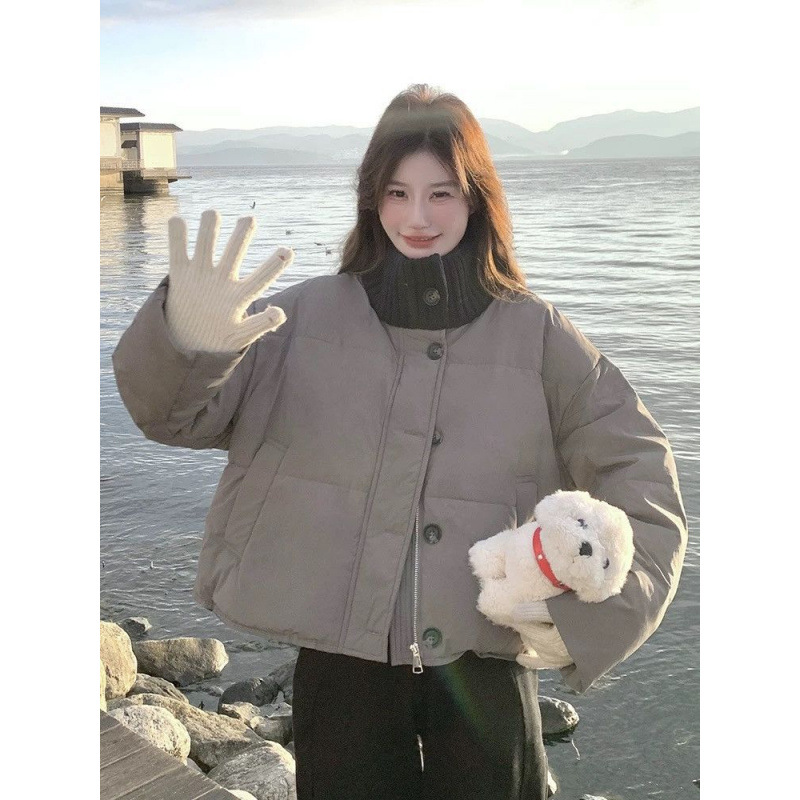 Gray Knitted Collar Short down Jacket for Women Winter New Korean Style Fashion Niche Thickened Jacket for Small People