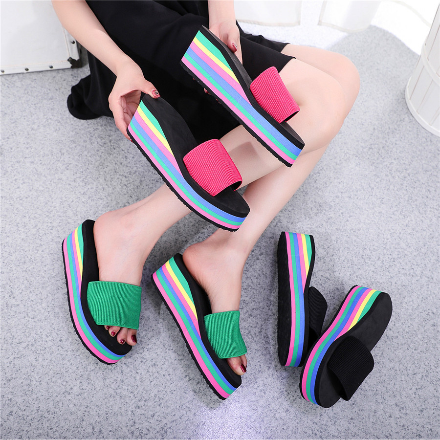Slippers for Women, Flip-Flops, Women's Summer Rainbow Thick-Soled Sandals, High Heels, Internet Celebrity Colorful Outer Wear, Casual Beach