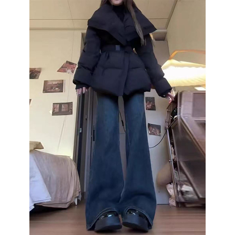 Winter Women's Cotton Coat with a Turn-Down Collar, New Design with Tie Waist, Warm Puffer Jacket, Trendy Cotton Clothing