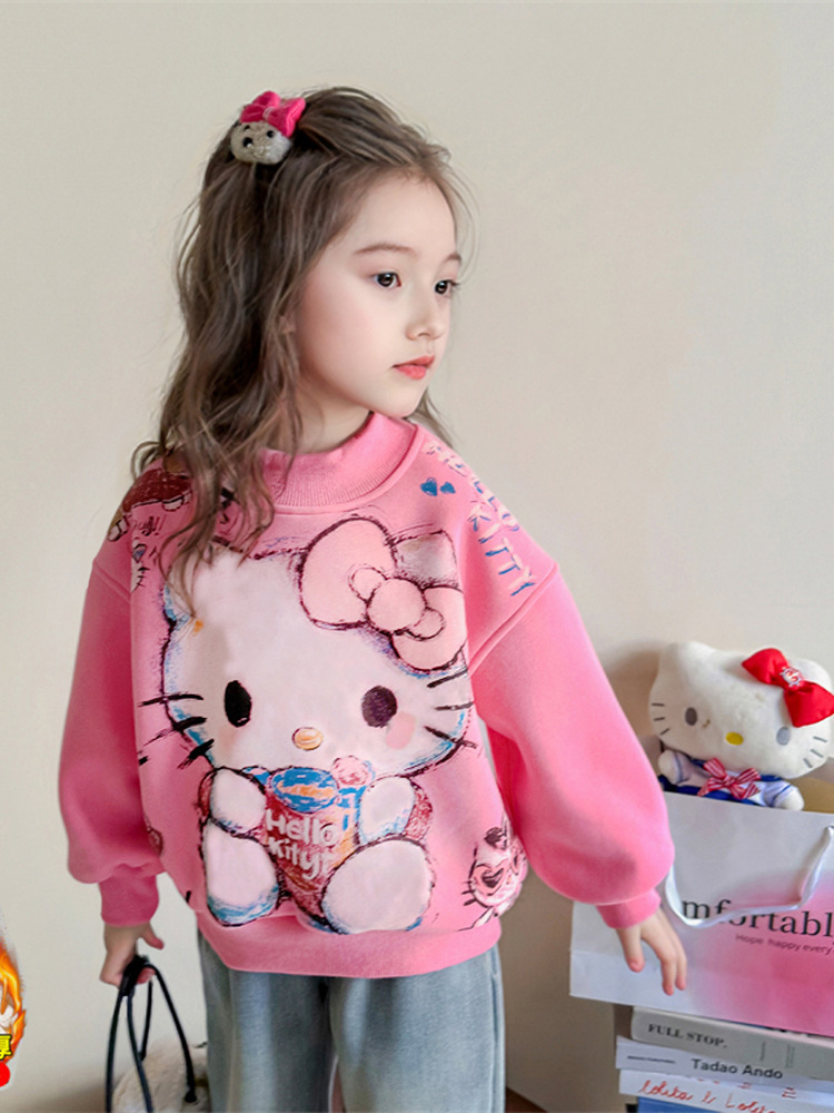 [Fleece] Children's Cartoon Printed Velvet Sweatshirt Autumn and Winter Girls Casual Thickeneded Warm Winter Bottoming Shirt
