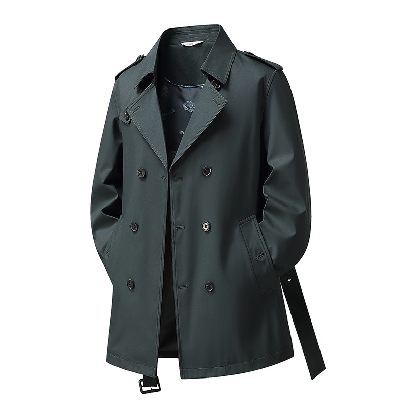 7985-Double-Breasted Mid-Length Windbreaker Men's British Style Outwear Autumn and Winter Lace-Up Jacket