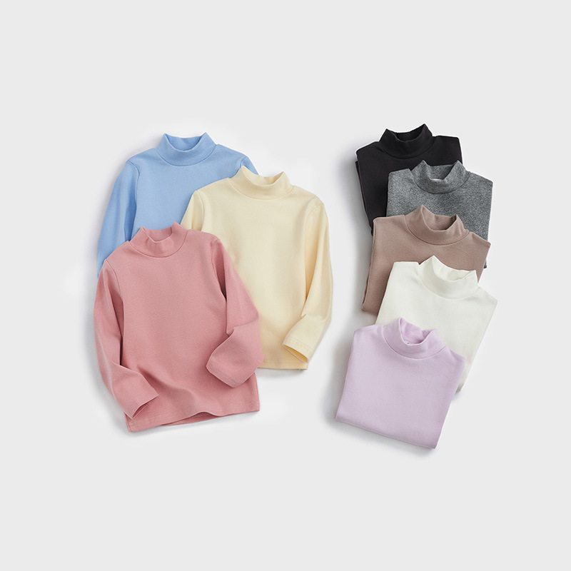 Детская одежда 2025, утолщенная футболка, новая модель осень-зима, девичья футболка с высоким воротом, базовая футболка из хлопка с длинным рукавом
