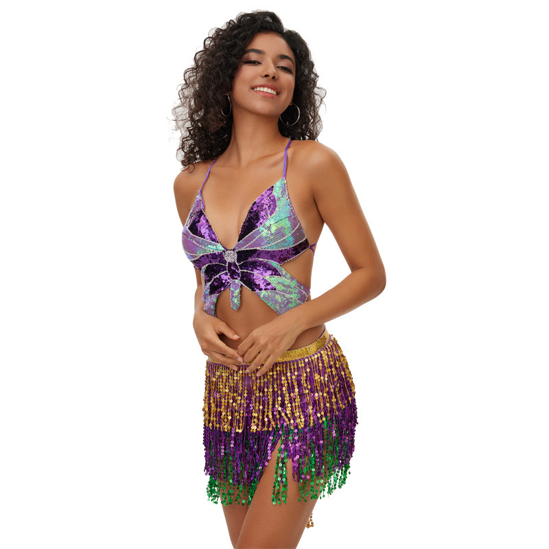 Костюм для выступлений на Хэллоуин с четырьмя слоями бахромы, сексуальная юбка с поясом и пайетками для женщин