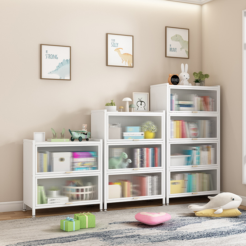 Household Bookcase with Door Dust-proof Locker Children's Multi-layer Floor-standing Iron Bookshelf Living Room Storage Steel Storage Rack