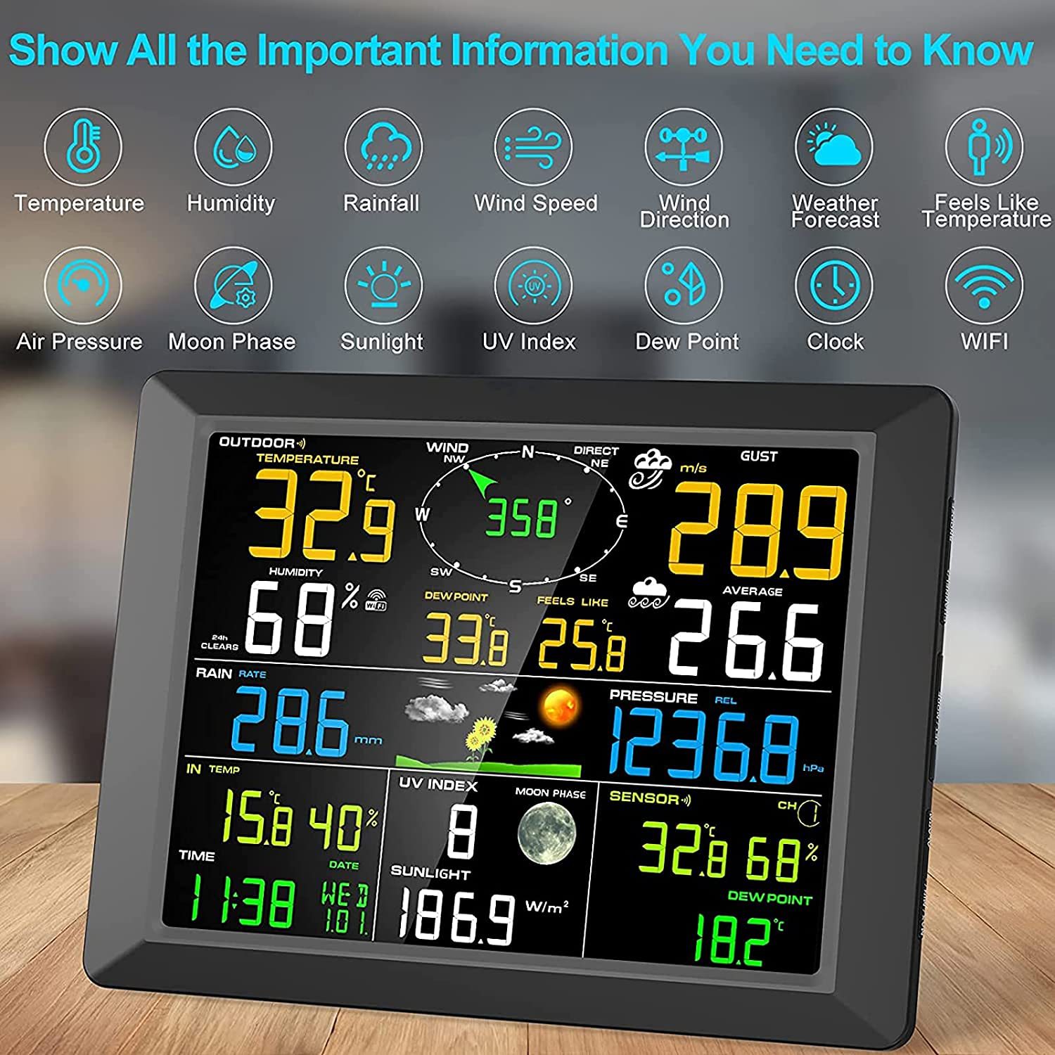 7-in-1 Outdoor Sensing Professional Weather Station, Extra Large Screen Display Wind/Rain/Uv/Temperature/Humidity, Real-Time Smart Warning
