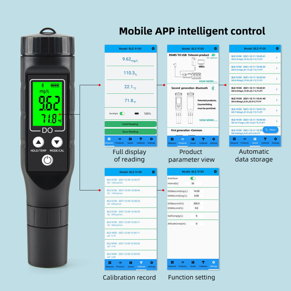 Dissolved Oxygen Meter, Intelligent Dissolved Oxygen Meter, Digital Display, Aquaculture Dissolved Oxygen Analysis Detector, Portable Bluetooth