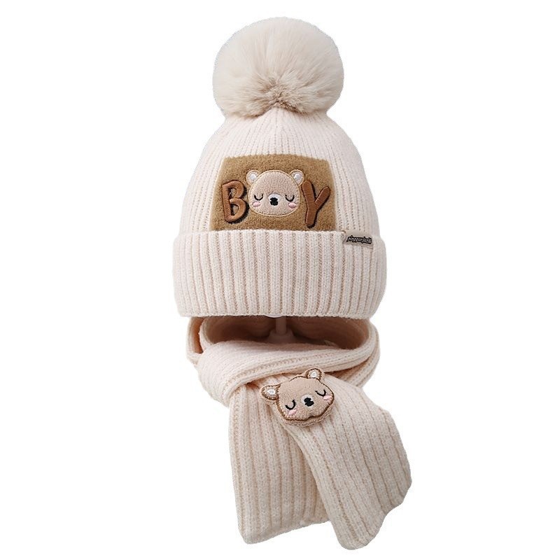 Two-piece Hat Scarf Winter Children's fleece-lined Thick Cold-proof Ear Protection Knitted Hat Scarf suit Cartoon Wool Hat