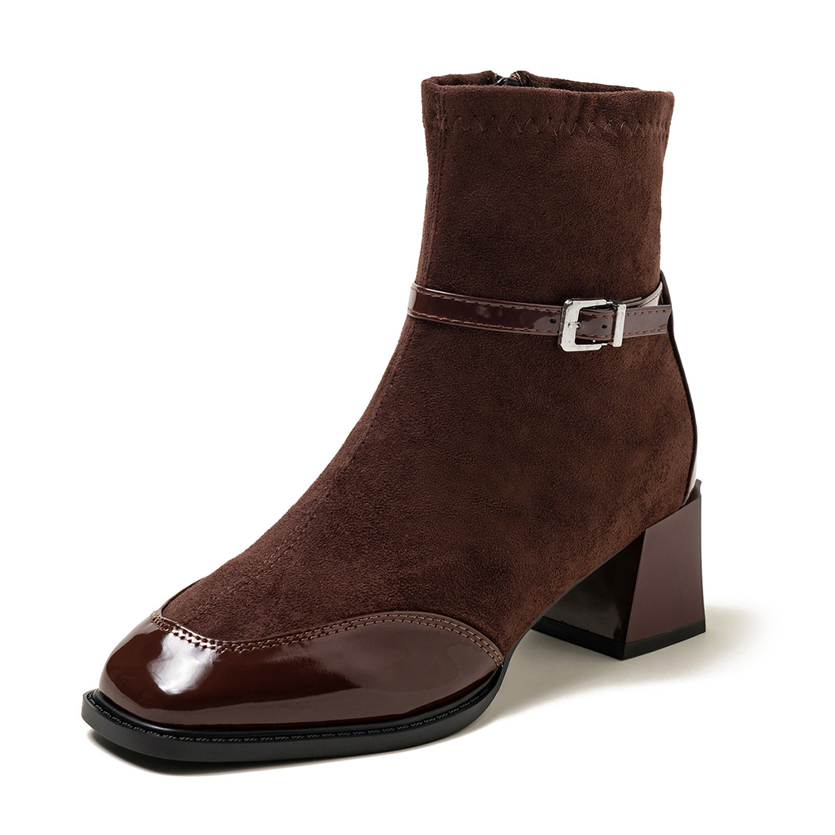 European and American Cross-Border New Retro French and British Style Black Square-Toe Leather Suede Short Boots with Side Zipper Fashion Boots