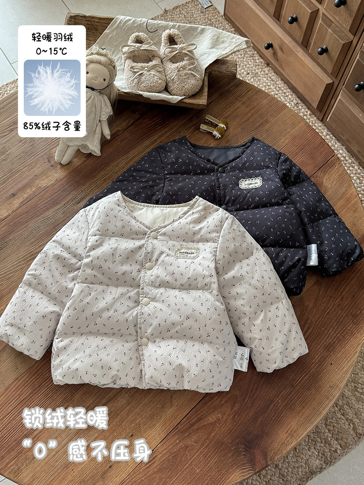 Baby Thickened down Jacket with Floral Pattern for Girls, Short Style, Autumn and Winter, 90% White Duck down Coat, Class a