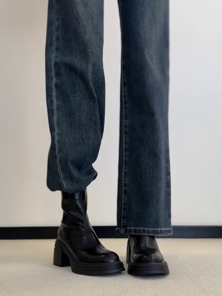 Sheepskin Version ~ Fashionable and Versatile Slimming Look Genuine Leather Thick High-Heeled Boots for Women British Style Retro Side Zipper Slim Boots