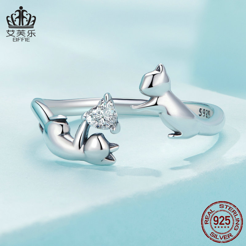 Bisal Cross-Border Hot-Selling Sterling Silver S925 Cat Opening Adjustable Ring Animal Hand Jewelry Ring Scr916