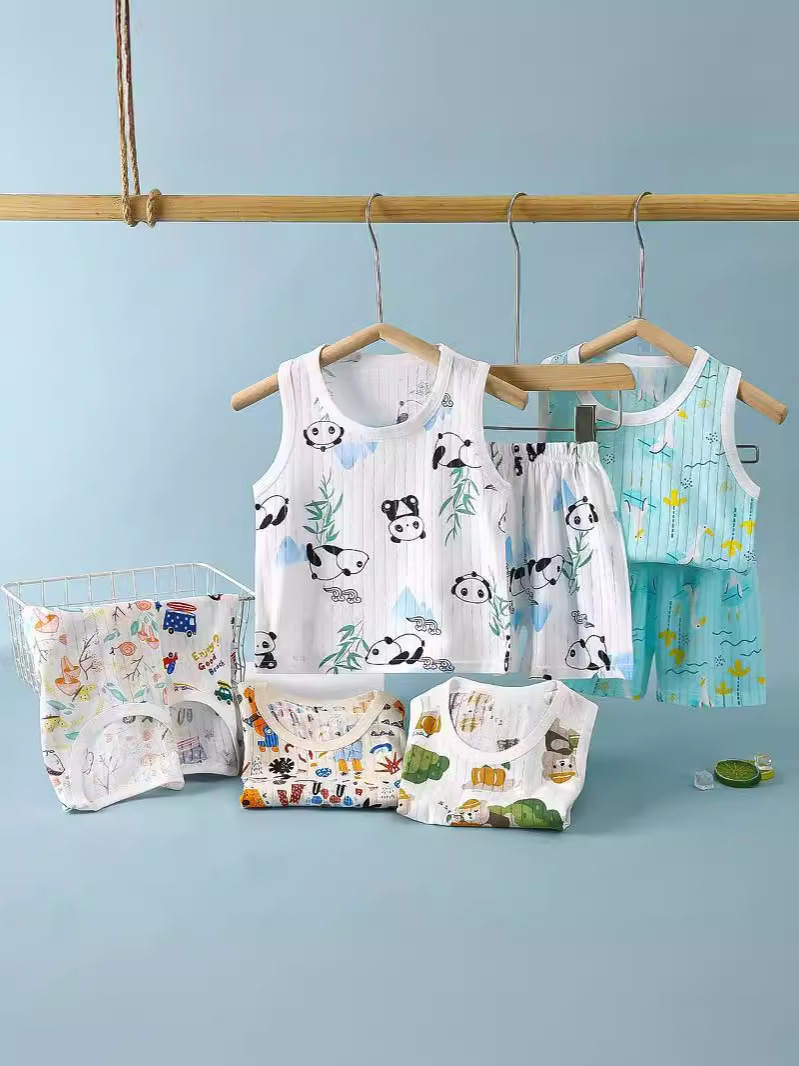 Children's Summer Jacquard Cotton Vest Shorts Suit New Style Male and Female Baby Sleeveless Cartoon Breathable Kidsren's Clothing Trendy