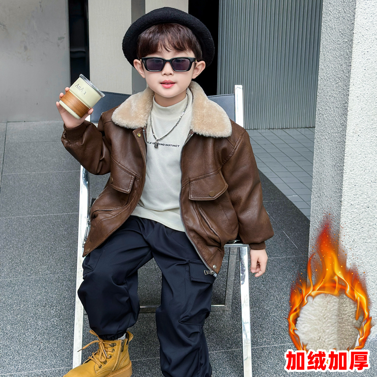 Boys' Winter Coat for Young Children, Stylish Autumn and Winter Fleece Jacket, 2025 New Thickened Children's Winter Two-Piece Set