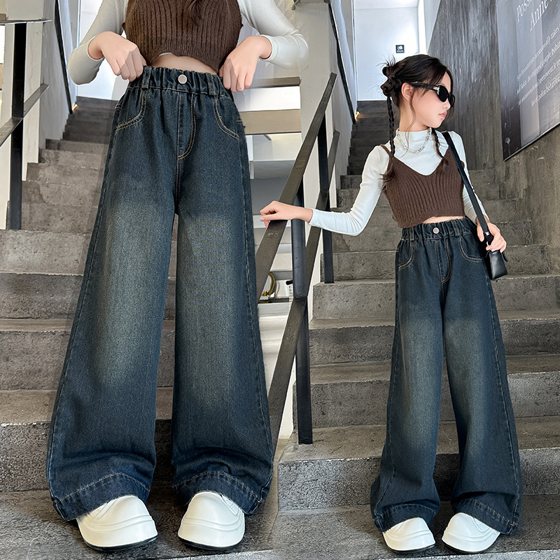 Girls' Pants Spring and Autumn Fashionable Trendy Autumn Wide-Leg Pants for Older Children Internet Celebrity Street Style Autumn Loose Children's Jeans