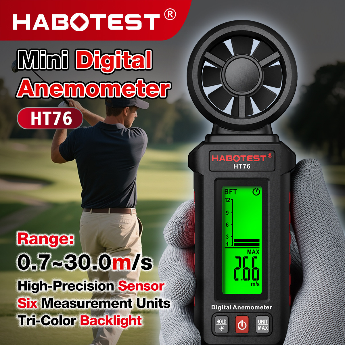 Мини-анемометр Huabo Ht76, портативный, цифровой измеритель скорости ветра и объема воздуха