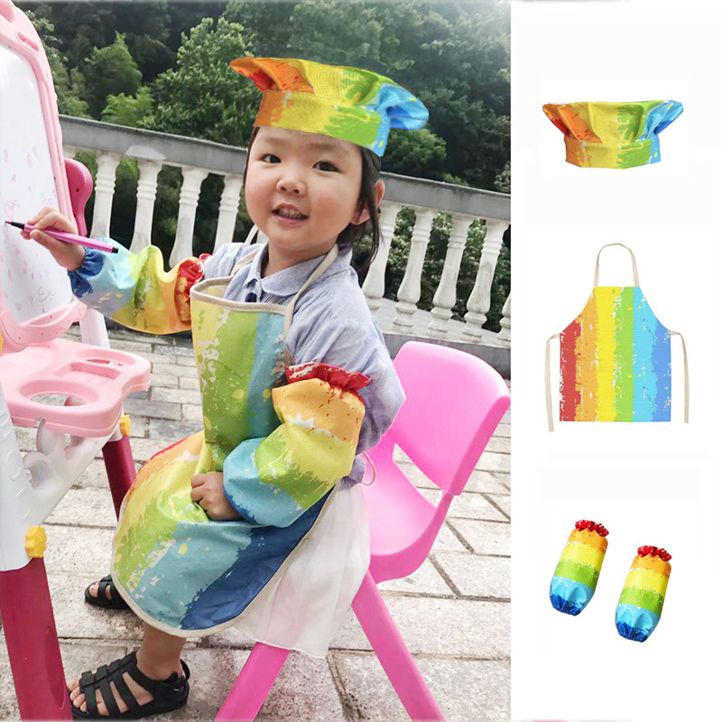 Rainbow Contrasting Color Studio Apron Printed Children's Apron Art Apron Canvas Denim Linen Apron Kitchen Cross Border