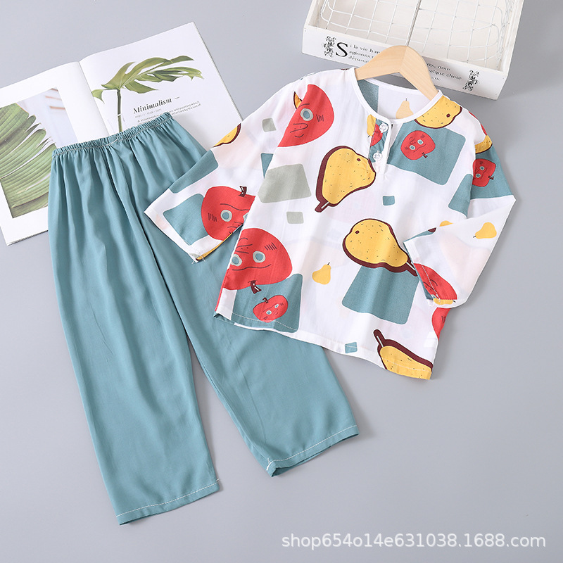 Children's Pajamas Summer Thin Cotton Silk Suit Long-sleeved Children's Boys' Air-conditioning Clothes Baby's Cotton Silk Girls' Home Clothes
