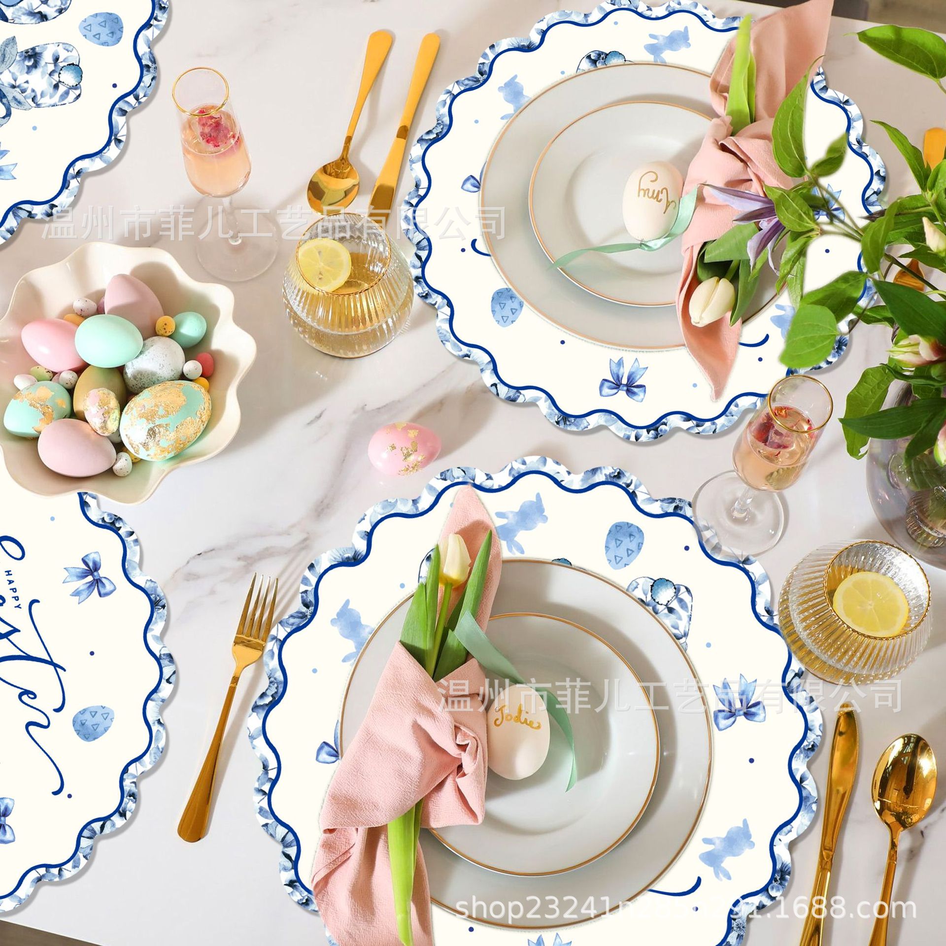 Ca106 Easter Blue and White Rabbit Decorative Special-Shaped Placemats Party Decorative Paper Tableware Disposable Lace Placemats