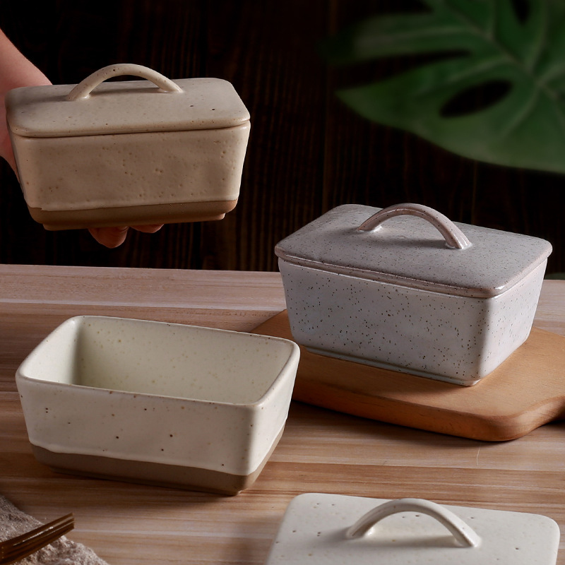 New cross-border retro creative ceramic butter box with lid plate square cream box western butter box in stock wholesale