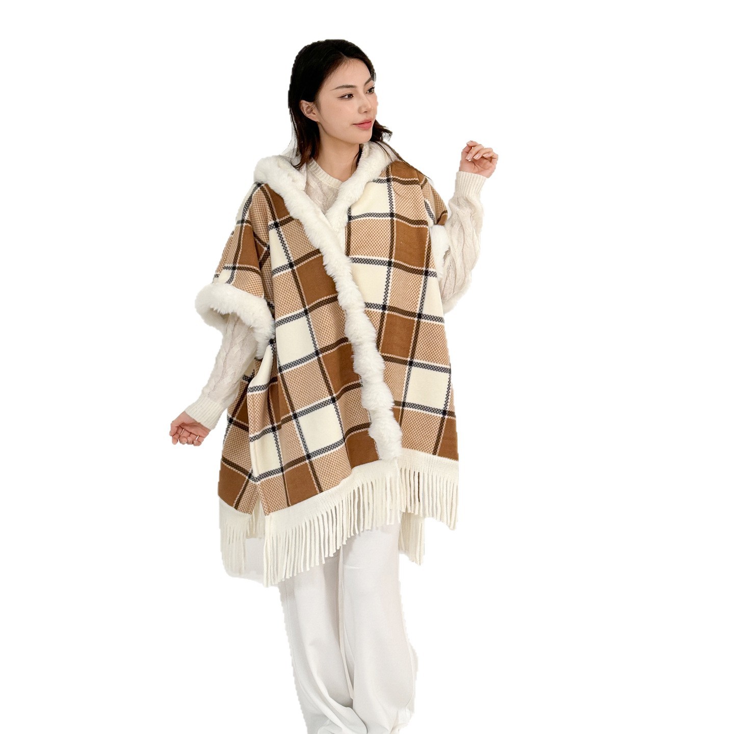 Imitation Cashmere Large Size Tassel Large Fur Collar Cape Shawl Outwear Hooded Fleece-Lined Thickeneded High-End Autumn and Winter Warm Outwear