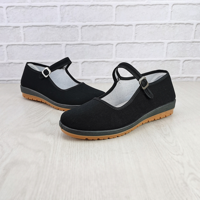 Women's Traditional Beijing Cloth Shoes for Hotel Work, Black Buckle Work Shoes for Women, Vintage Performance Shoes for Ladies